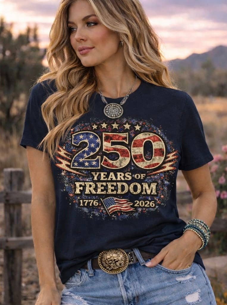 Whiskey & Lace Outfitters /The Longhorn Hippie Co. - 4th of July 250 Years of Freedom Graphic Tee 🇺🇸✨Navy