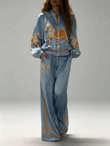 Suhkasana - Women's Horse Print Satin Zip Up Top & Pants Set