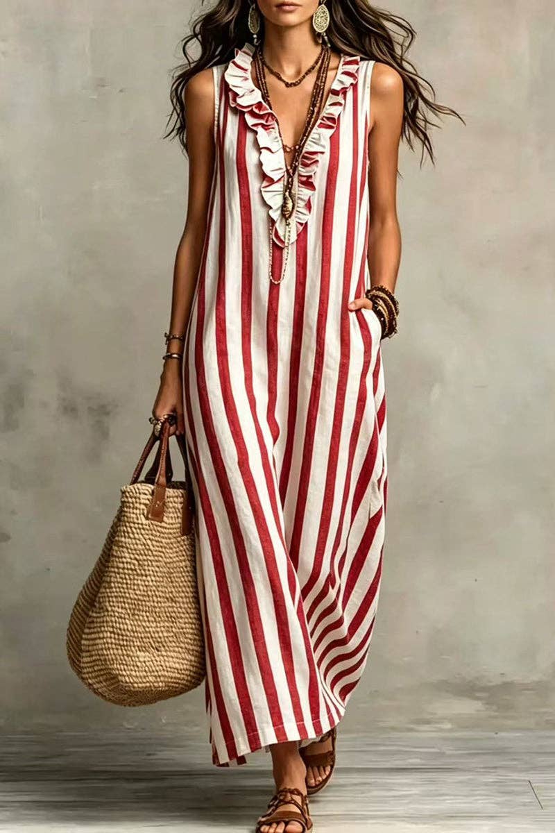 Soli Echo - Stripe Ruffle V-Neck Pocket Dress