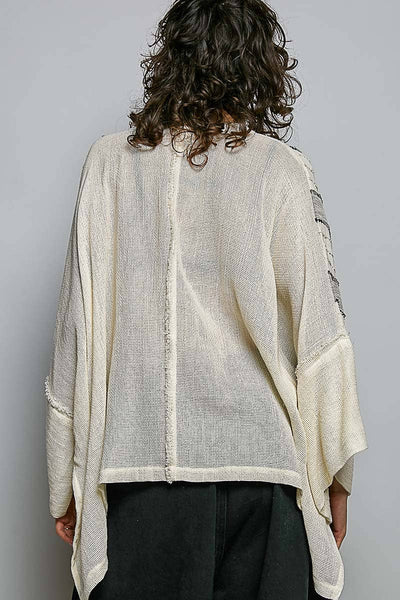 Pol Clothing - Frayed Trim Raw Edge Texture Panel Cotton Button Down Top