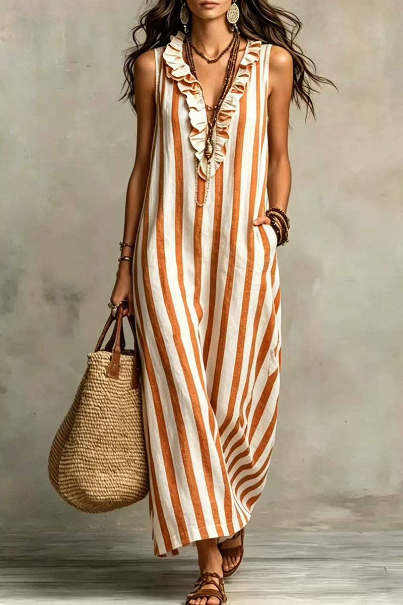 Soli Echo - Stripe Ruffle V-Neck Pocket Dress