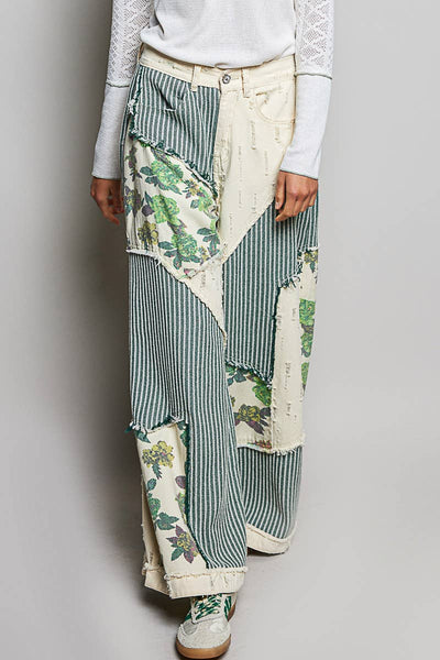 Pol Clothing - Stripe Patch Back Elastic Band Twill High Rise Wide Pants