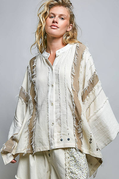 Pol Clothing - Frayed Trim Raw Edge Texture Panel Cotton Button Down Top