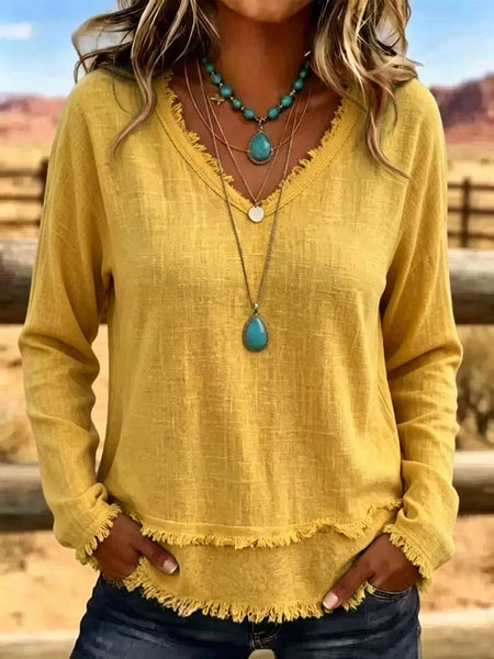 Hope & Sunshine - Frayed Trim V-Neck Long Sleeve Textured Top