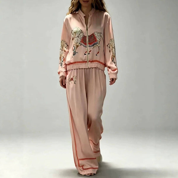 Suhkasana - Women's Horse Print Satin Zip Up Top & Pants Set
