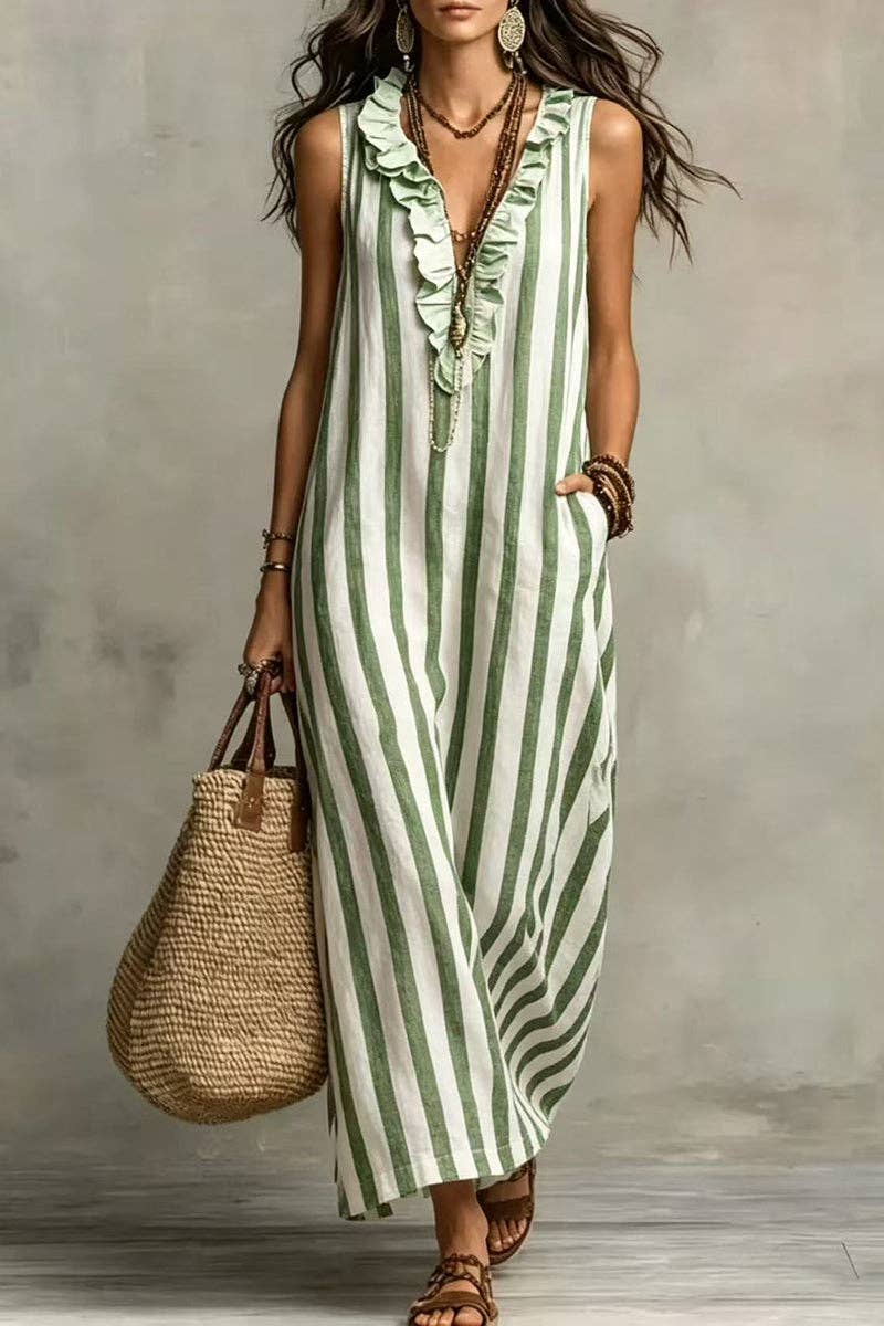 Soli Echo - Stripe Ruffle V-Neck Pocket Dress