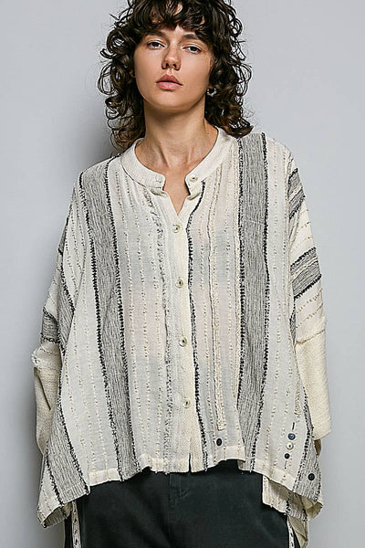 Pol Clothing - Frayed Trim Raw Edge Texture Panel Cotton Button Down Top