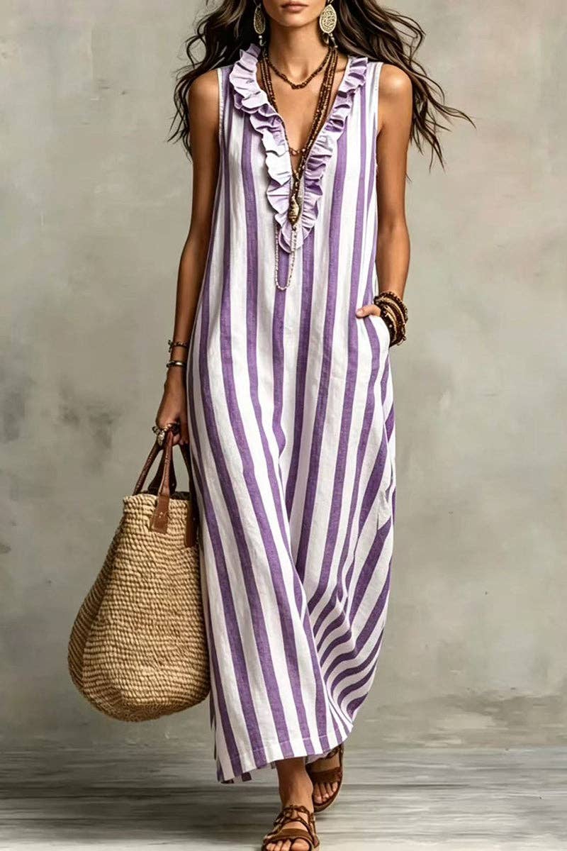 Soli Echo - Stripe Ruffle V-Neck Pocket Dress