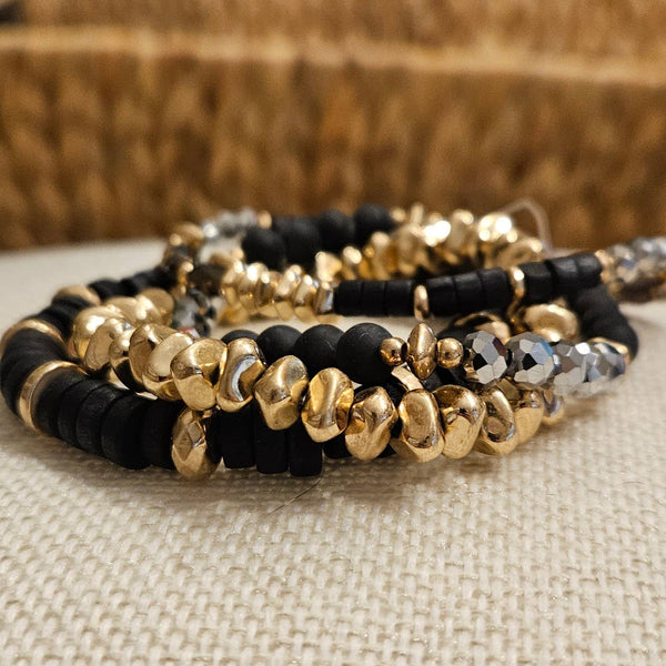 Singing River Boutique - Beaded Bracelet Set – Black, Gold, Hematite, 4 Pieces, Pomina