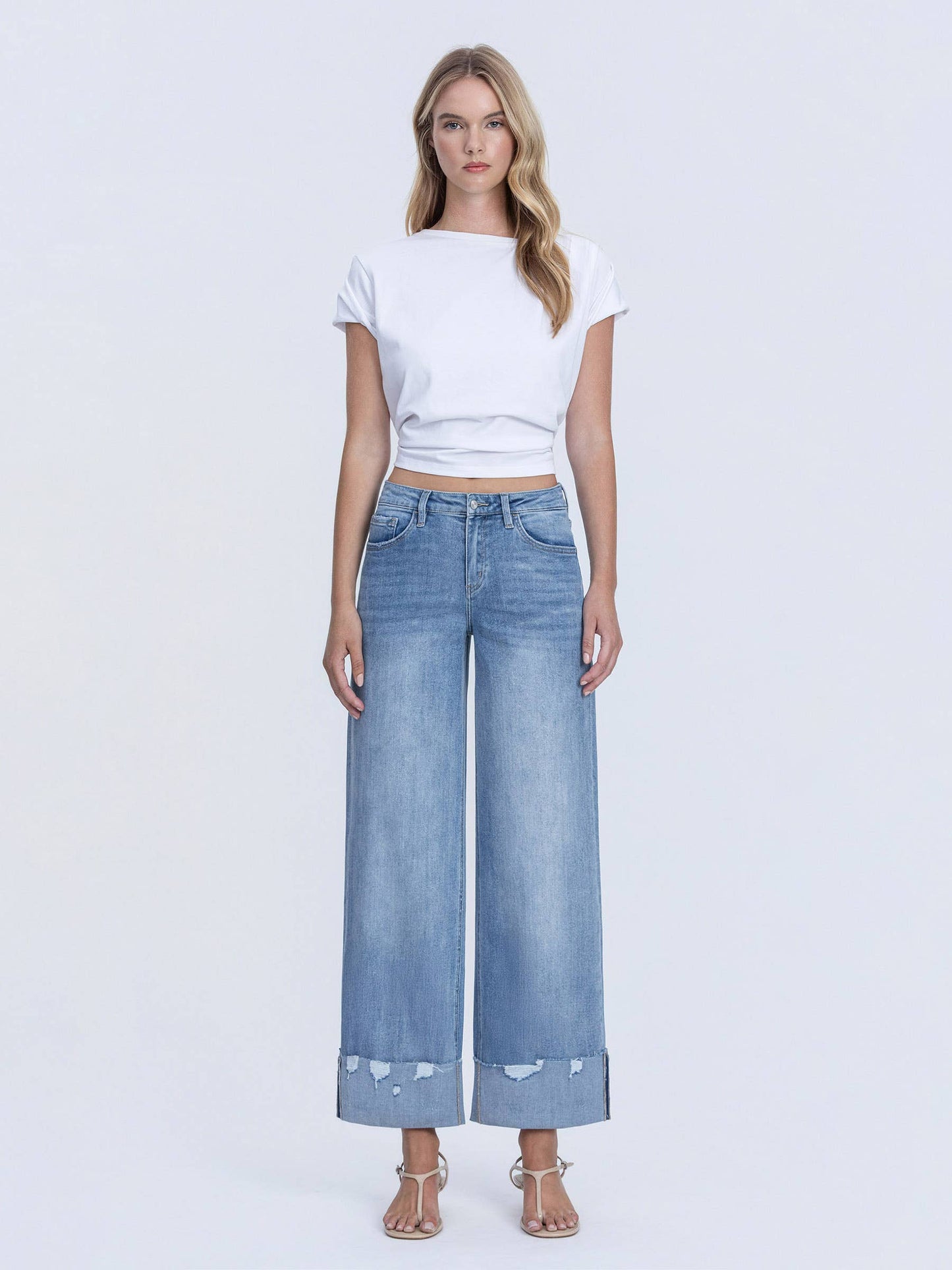 Lovervet by VERVET - HIGH RISE MEDIUM WASH CUFFED WIDE JEANS LV1604: NOVELTY / 30