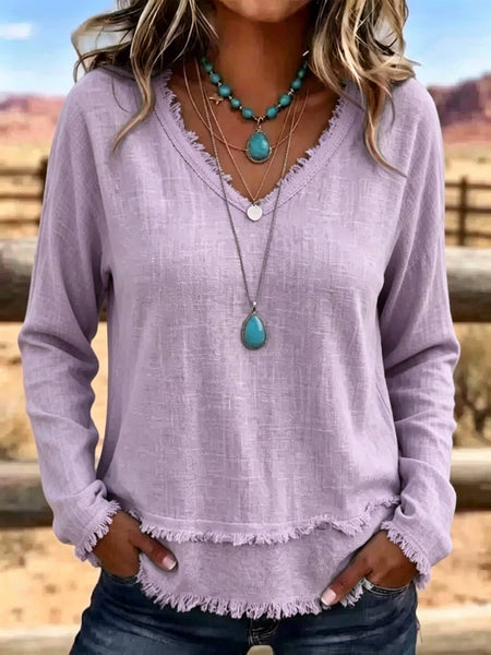 Hope & Sunshine - Frayed Trim V-Neck Long Sleeve Textured Top