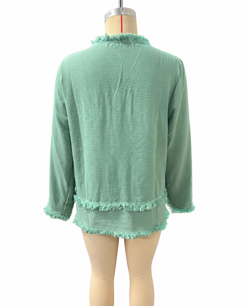 Hope & Sunshine - Frayed Trim V-Neck Long Sleeve Textured Top