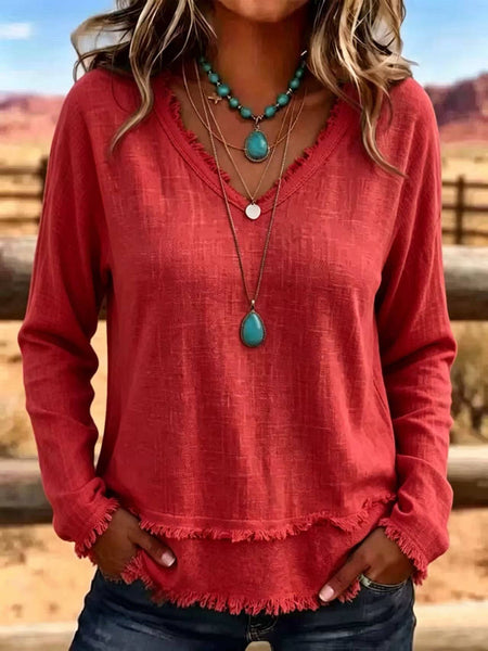 Hope & Sunshine - Frayed Trim V-Neck Long Sleeve Textured Top