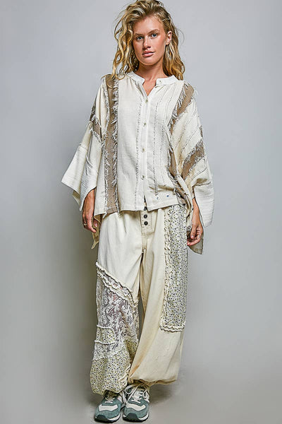 Pol Clothing - Frayed Trim Raw Edge Texture Panel Cotton Button Down Top