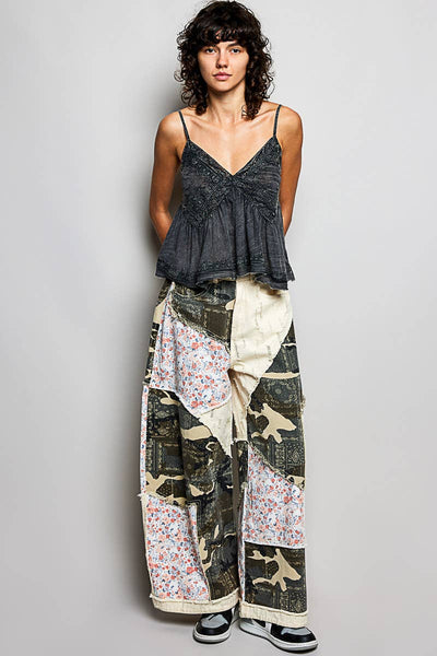 Pol Clothing - Stripe Patch Back Elastic Band Twill High Rise Wide Pants