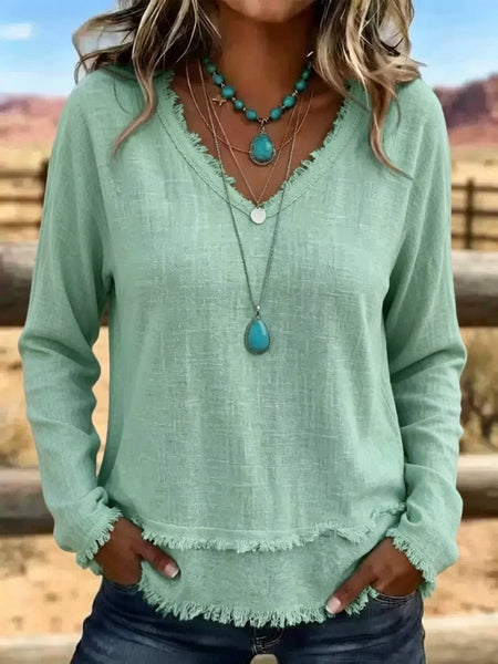 Hope & Sunshine - Frayed Trim V-Neck Long Sleeve Textured Top
