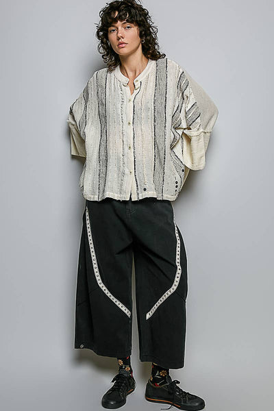 Pol Clothing - Frayed Trim Raw Edge Texture Panel Cotton Button Down Top