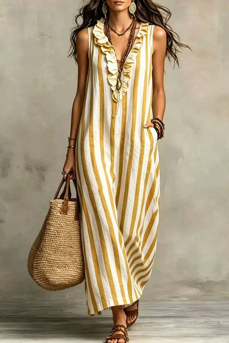 Soli Echo - Stripe Ruffle V-Neck Pocket Dress