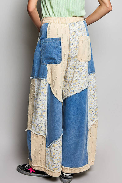 Pol Clothing - Stripe Patch Back Elastic Band Twill High Rise Wide Pants