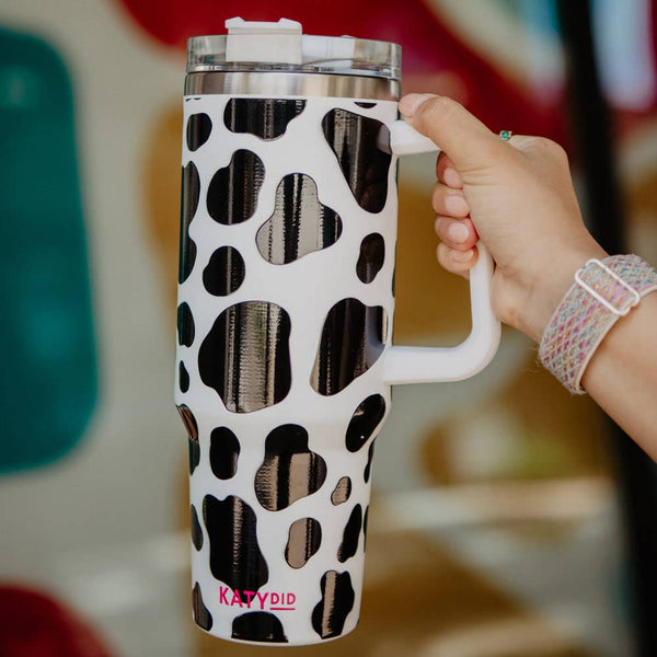 Katydid - Black/White Cow Print Tumbler Cup with Handle