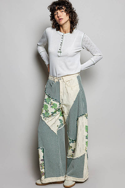 Pol Clothing - Stripe Patch Back Elastic Band Twill High Rise Wide Pants