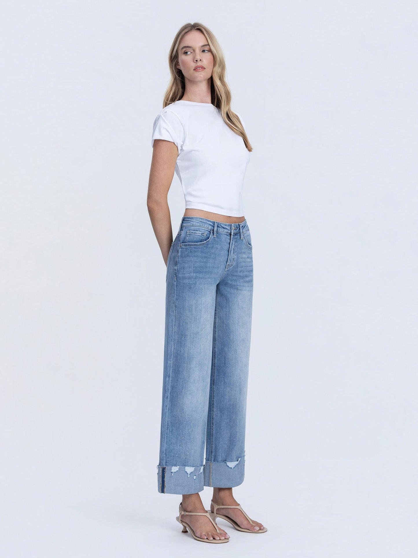 Lovervet by VERVET - HIGH RISE MEDIUM WASH CUFFED WIDE JEANS LV1604: NOVELTY / 27
