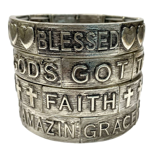 Accessories To Go - Silver Metal Stretch Bracelets with Sayings