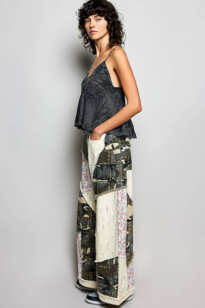 Pol Clothing - Stripe Patch Back Elastic Band Twill High Rise Wide Pants