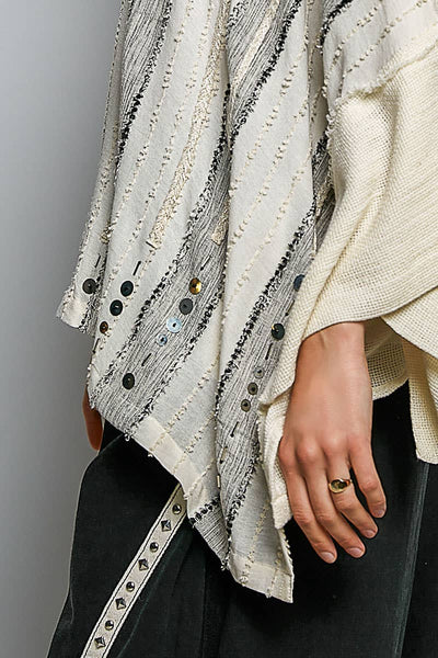 Pol Clothing - Frayed Trim Raw Edge Texture Panel Cotton Button Down Top