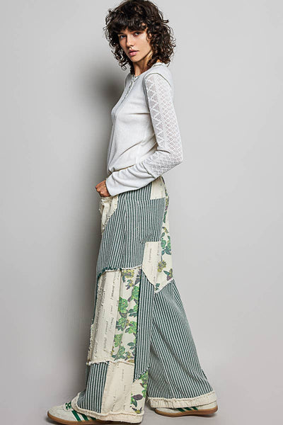 Pol Clothing - Stripe Patch Back Elastic Band Twill High Rise Wide Pants