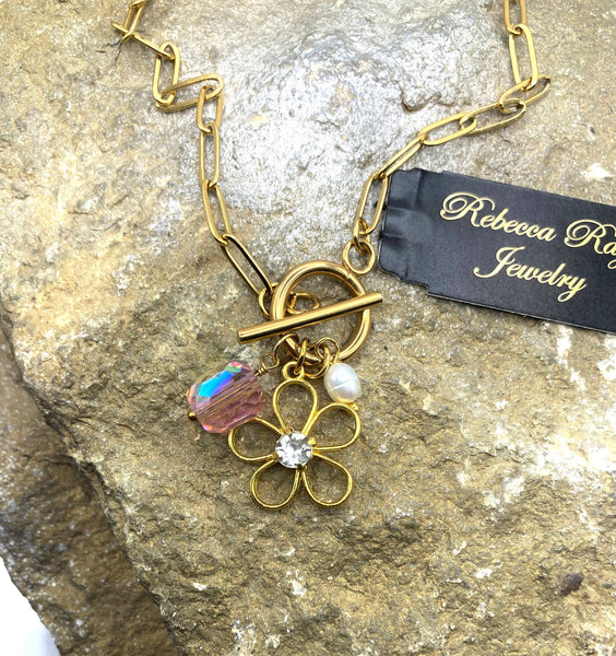 Rebecca Ray Jewelry - Boho Gold Floral Charm Toggle Necklace
