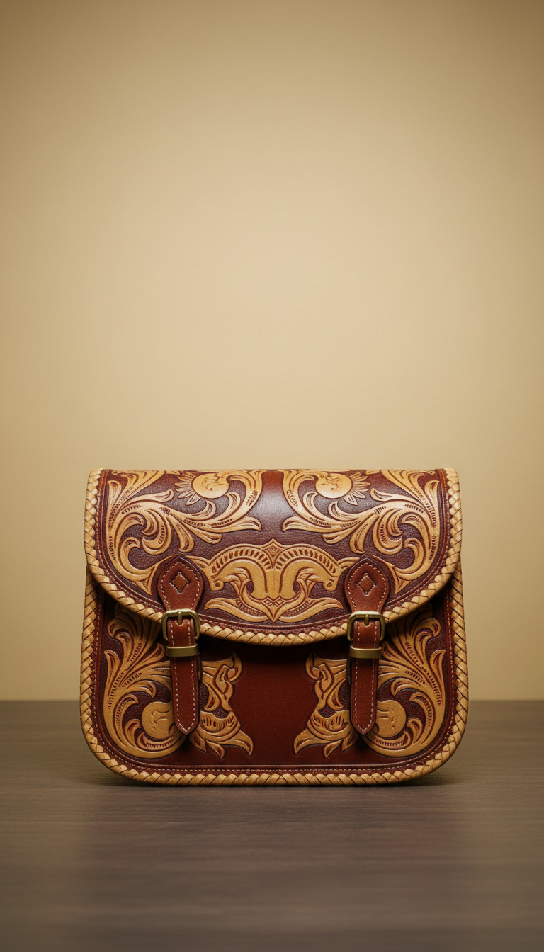 Tooled leather saddle bag with gilded accents