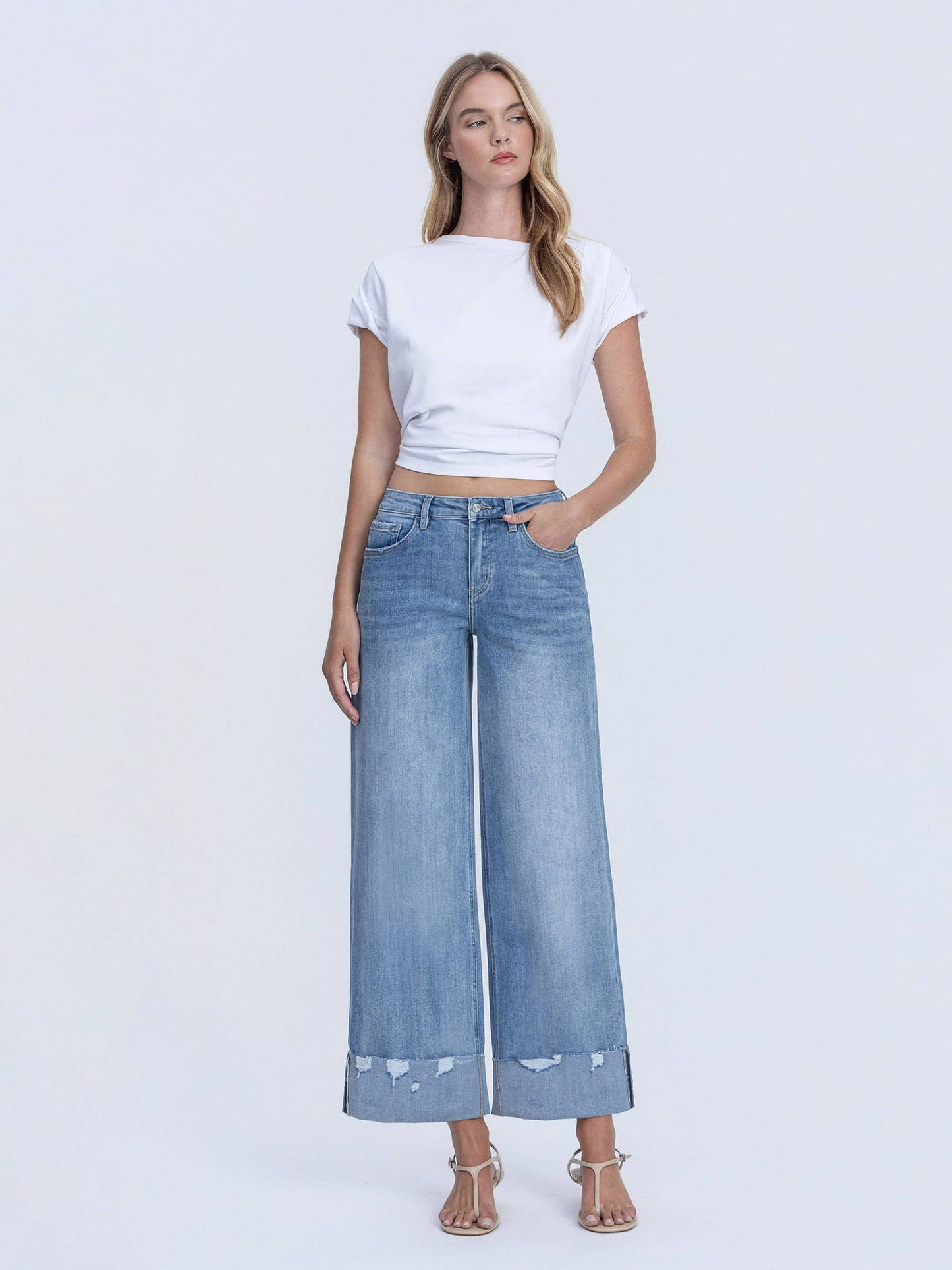 Lovervet by VERVET - HIGH RISE MEDIUM WASH CUFFED WIDE JEANS LV1604: NOVELTY / 24