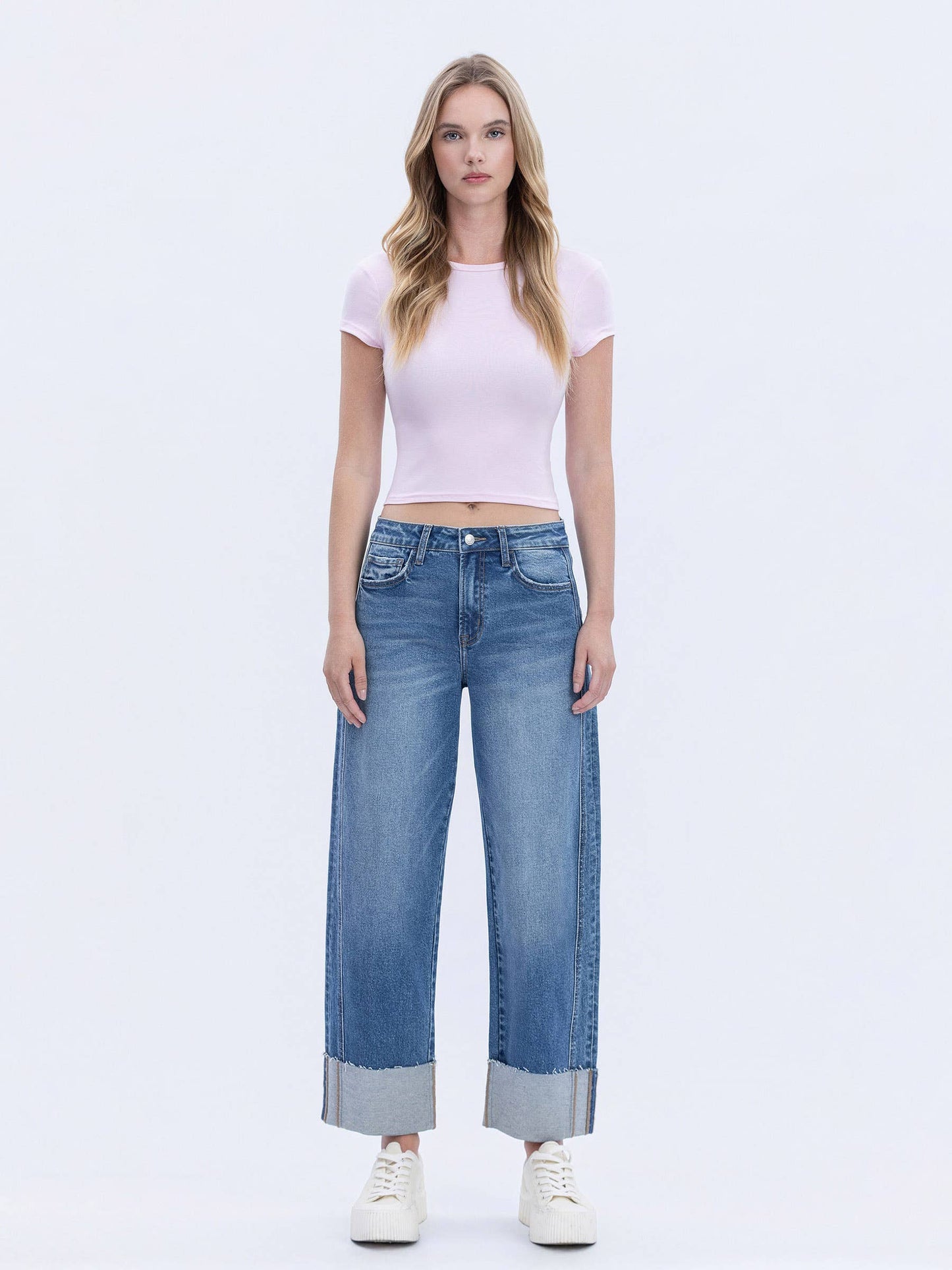 Lovervet by VERVET - HIGH RISE CUFFED BARREL LEG JEANS LV1677