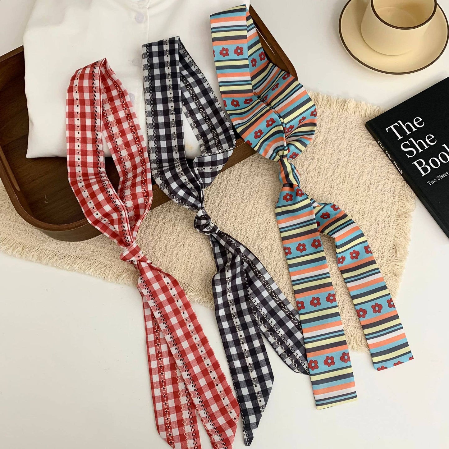 MKS America - Boho Striped Floral & Gingham Skinny Neck Scarf