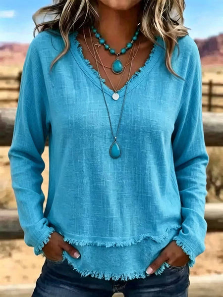 Hope & Sunshine - Frayed Trim V-Neck Long Sleeve Textured Top