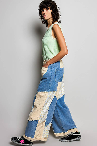 Pol Clothing - Stripe Patch Back Elastic Band Twill High Rise Wide Pants
