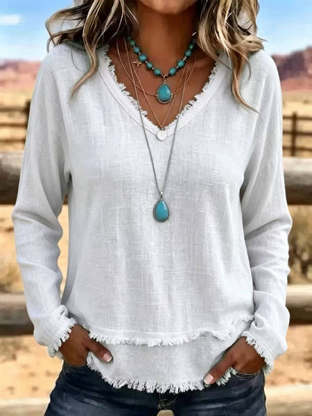 Hope & Sunshine - Frayed Trim V-Neck Long Sleeve Textured Top