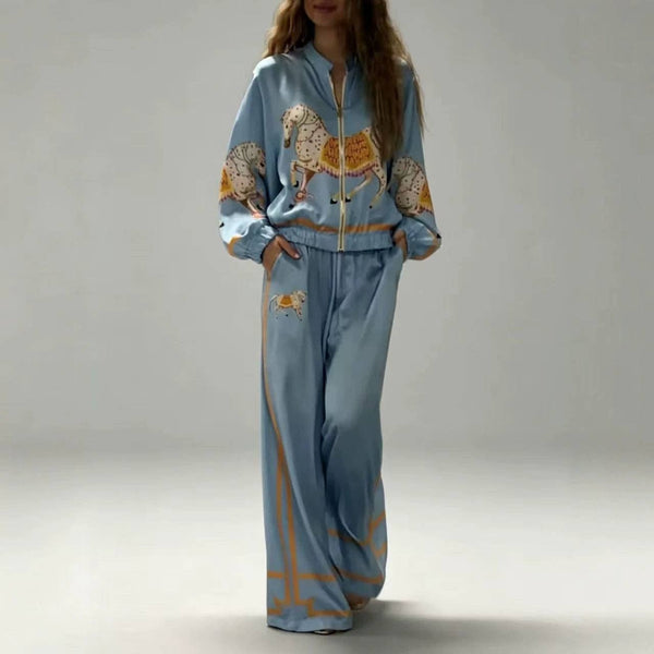 Suhkasana - Women's Horse Print Satin Zip Up Top & Pants Set
