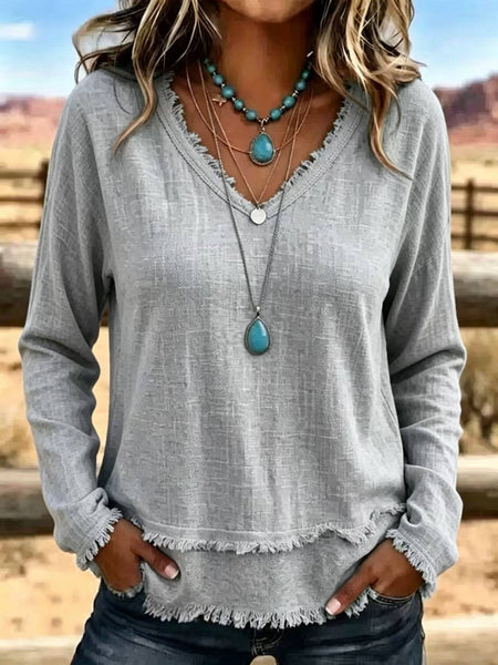 Hope & Sunshine - Frayed Trim V-Neck Long Sleeve Textured Top