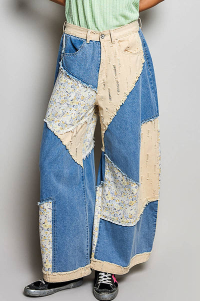Pol Clothing - Stripe Patch Back Elastic Band Twill High Rise Wide Pants