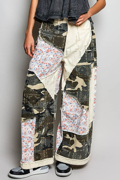 Pol Clothing - Stripe Patch Back Elastic Band Twill High Rise Wide Pants