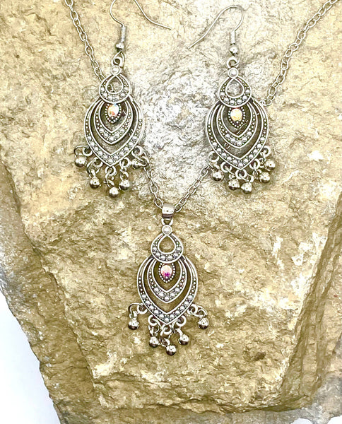 Rebecca Ray Jewelry - Boho Vintage Silver Charm  Necklace and Earring Set