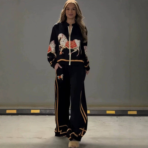 Suhkasana - Women's Horse Print Satin Zip Up Top & Pants Set