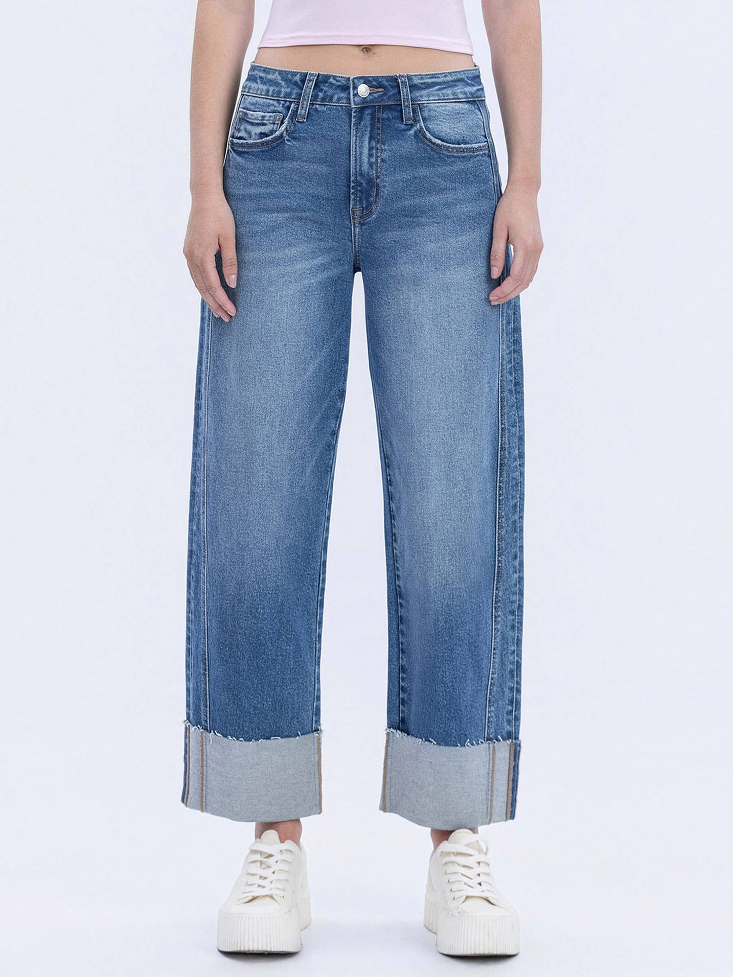 Lovervet by VERVET - HIGH RISE CUFFED BARREL LEG JEANS LV1677