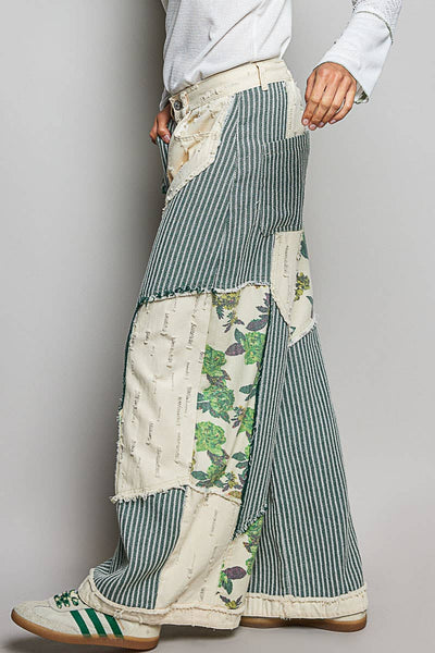 Pol Clothing - Stripe Patch Back Elastic Band Twill High Rise Wide Pants