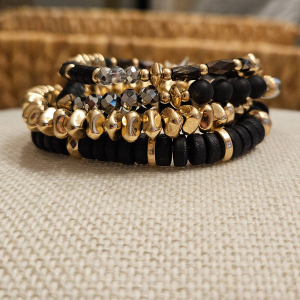 Singing River Boutique - Beaded Bracelet Set – Black, Gold, Hematite, 4 Pieces, Pomina
