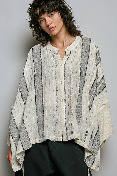 Pol Clothing - Frayed Trim Raw Edge Texture Panel Cotton Button Down Top