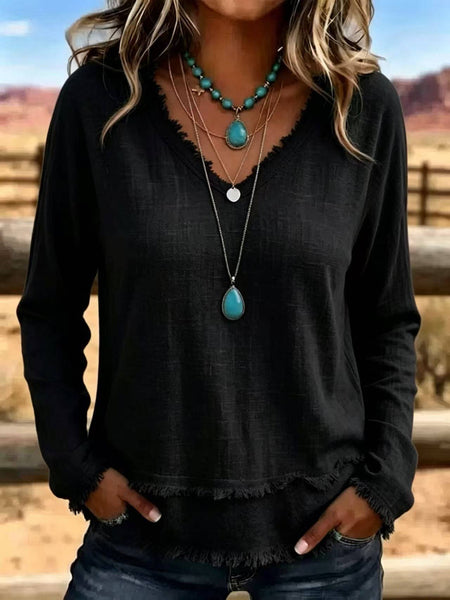 Hope & Sunshine - Frayed Trim V-Neck Long Sleeve Textured Top