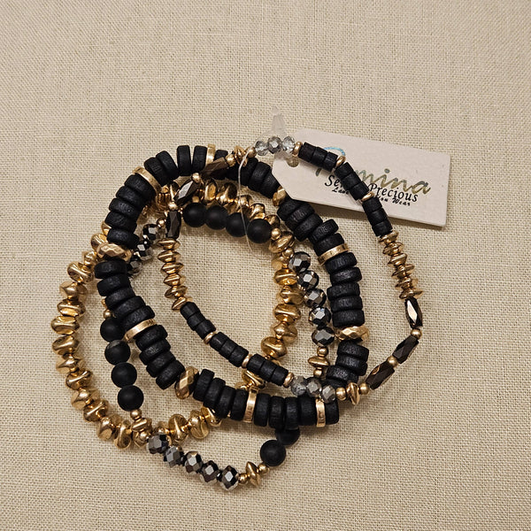 Singing River Boutique - Beaded Bracelet Set – Black, Gold, Hematite, 4 Pieces, Pomina